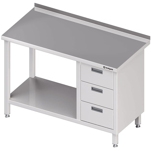 Stół nierdzewny przyścienny z blokiem trzech szuflad (P) i półką 900x600x850 mm | Stalgast 980396090