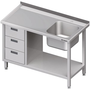 Stół ze zlewem 1-kom.(P), z blokiem trzech szuflad i półką 1500x600x850 mm