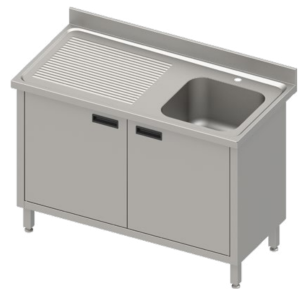 Stół ze zlewem 1-kom.(P),drzwi skrzydłowe 1300x700x850 mm, blat tłoczony,rant puszkowy 100x15x10